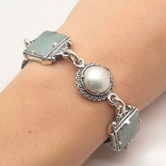925 Sterling Silver Vintage Real Pearl & Roman Glass Tennis...